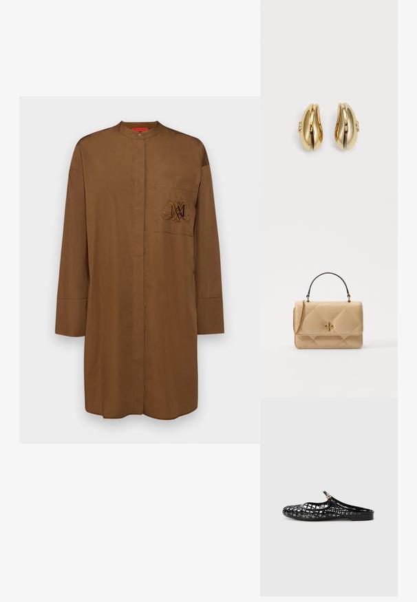 Hosszú ujjú barna ing, sima anyagból készült, állógallérral, elülső zsebből áll és sötétbarna hímzett logóval rendelkezik.; Tory Burch MELLOW MARY JANE - Papucsszandálok - perfect black/gold; Beige, steppelt bőrtáska aranyozott fémalkatrészekkel, láncos vállpánttal és felső fogantyúval. Elöl klappal és jellegzetes logó részlettel rendelkezik.; Aranyszínű fülbevalók, amelyek áramló, ívelt formájúak. Minden fülbevaló sima felülettel és egy kis kapoccsal rendelkezik, amely dekoratív részletet tartalmaz.
