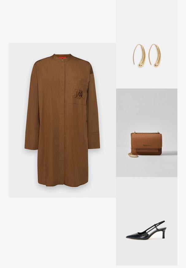 Pika värvusega sileda kangaga pikas varrukas pruun särk, millel on püstkrae, ees tasku ja tumepruun kuue brodering.; Mustmust paelad, millel on terav varvas, tekstuuriga maduprindiga, reguleeritav rihm ja lühike tekstuuriga plokknina.; Pruun tekstureeritud nahk ristkeha kott kuldse ahelaga rihmaga ja klapiga sulgemine. Esiküljel on logo detail ja tasku klapi all.; Kuldtoonilised metallist rõngas kõrvarõngad, millel on kõver ja piklik kuju. Omavad siledat, läikivat pinda ja ümarat tipptugevdust, mis lisab detaili.