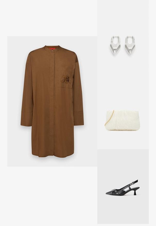 Cămașă maronie cu mâneci lungi, confecționată dintr-un material neted, cu guler în picioare, o buzunar frontal și un logo brodat în maro închis.; Pantofii slingback din piele neagră, cu vârful ascuțit, curele decorative cu ochiuri din metal și toc bloc mic. Suprafață texturată.; Geantă de mână albă texturată, cu un design strâns, având o curea de lanț aurie. Finisaj neted cu valuri subtile și margini rotunjite.; Lacate în formă de inimă, argintii, cu inscripții gravate "DA" și "NU", finisaj lustruit, design simetric și un închizător robust din metal.