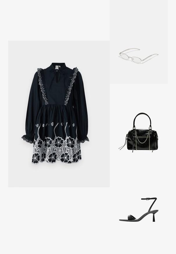 Černé šaty s dlouhými rukávy, volánkovým výstřihem, klíčovou dírkou v přední části a bílou květinovou výšivkou na lemu a ramenou.; Bershka Sandály na vysokém podpatku - black; Oválné brýle s metalickým stříbrným rámem, čirými skly a texturovanými korálkovými akcenty na spáncích. Lehce provedení s zakřivenými nohama.; Bershka WITH CHAIN - Kabelka - black