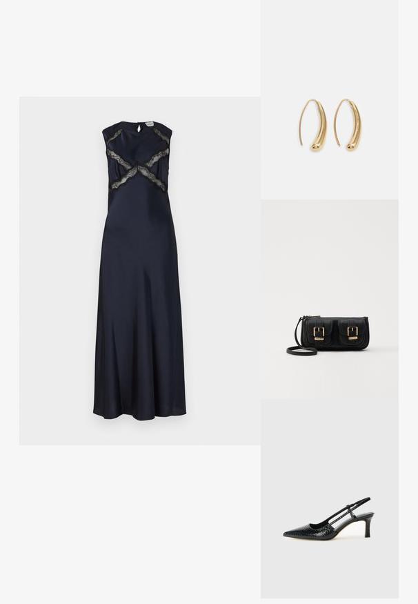 Granatowa satynowa długa sukienka z okrągłym dekoltem, krótkimi rękawkami oraz czarnymi koronkowymi akcentami w formie krzyżujących się wzorów na górze sukienki. Zapięcie w kształcie łezki z tyłu.; Czarne lakierowane czółenka na obcasie typu slingback z wąskim noskiem, z teksturowanym wzorem wężowym, regulowanym paskiem oraz krótkim, teksturowanym obcasem w kształcie słupka.; Czarna skórzana torba na ramię z dwoma przednimi kieszeniami, złotymi klamrami, zamkiem błyskawicznym i cienkim paskiem. Teksturowana powierzchnia i kompaktowy prostokątny kształt.; Złote metalowe kolczyki w kształcie obręczy o zakrzywionym, wydłużonym kształcie. Posiadają gładką, błyszczącą powierzchnię oraz zaokrąglony koniec dla dodatkowego efektu.