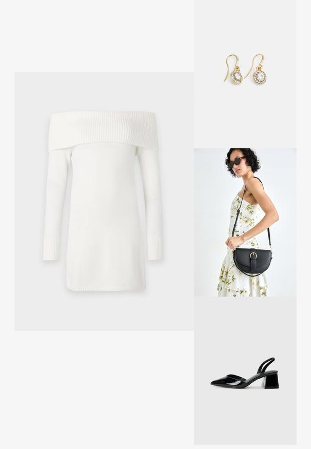 Balta megztinis be petnešų su raštuotu apvadu ir ilgomis rankovėmis. Minkšta tekstūra, iki kelių ilgio dizainas ir prigludę raštuoti rankogaliai.; Juodos lakuotos odinės šlepetės su smailiu pirštu ir geometriniu bloko kulnu. Turi elegantišką, minimalistinį dizainą ir lygų paviršių.; Juodas odinis krepšys su išlenkta forma, nuimamu dirželiu ir auksiniais detalėmis. Krepšys turi kilpą su sagtimi.; Aukso spalvos auskarai su ovalo formos skaidriais kristalais, apjuostais mažesniais skaidriais akmenukais, su kabliuko dizainu, užtikrinančiu saugų dėvėjimą.