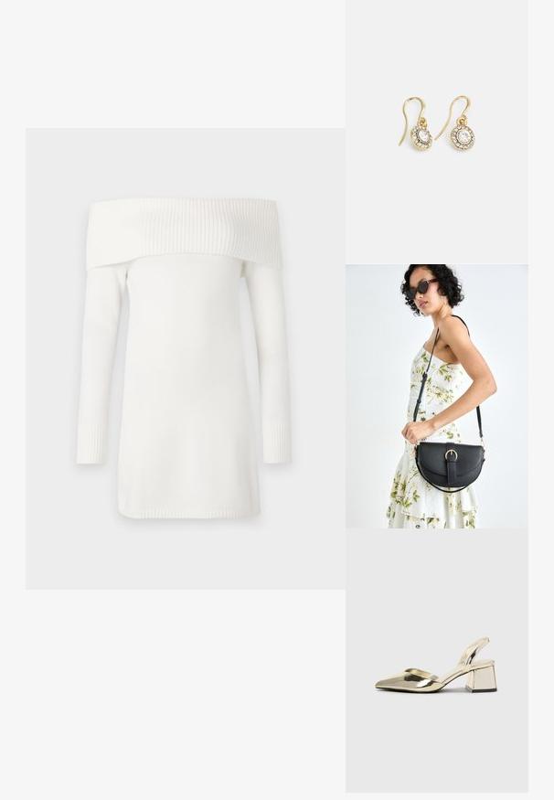 Balta megztinis be petnešų su raštuotu apvadu ir ilgomis rankovėmis. Minkšta tekstūra, iki kelių ilgio dizainas ir prigludę raštuoti rankogaliai.; Auksiniai, metaliniai slingback aukštakulniai bateliai su smailiu pirštu ir masyviu kulnu. Lygus paviršius, minimalizmo dizainas ir siaura juostelė.; Juodas odinis krepšys su išlenkta forma, nuimamu dirželiu ir auksiniais detalėmis. Krepšys turi kilpą su sagtimi.; Aukso spalvos auskarai su ovalo formos skaidriais kristalais, apjuostais mažesniais skaidriais akmenukais, su kabliuko dizainu, užtikrinančiu saugų dėvėjimą.