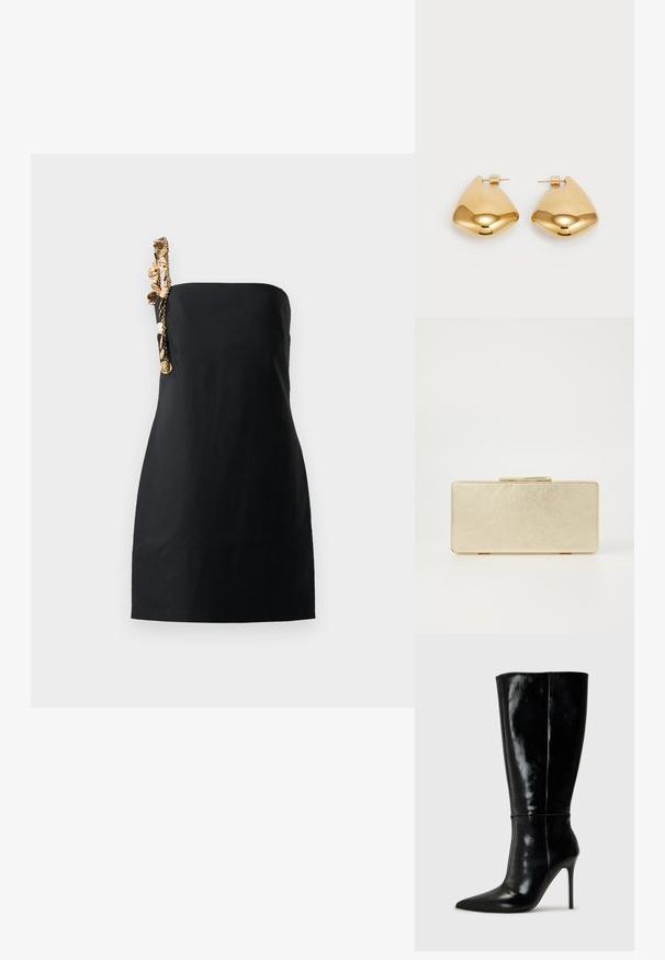 Črna mini obleka z izrazitim ravnim krojem in okrasnim detajlom iz zlatega toniranega verižnega dodatka na enem ramenu. Gladka tekstura tkanine.; Črne usnjene škornje do kolen s koničastim nosom in visokim stiletto peto. Gladka tekstura in eleganten dizajn, ki vključuje minimalne detajle.; Zlata torbica za naočare s glatkom metalnom površinom, pravokutnog oblika i jednostavnim kopčanjem. Nema vidljivih uzoraka ili ukrasa.; Zlato obarvani kovinski uhani z gladko, zaobljeno trikotno obliko in zasnovo s pritrditvijo na zadnji strani; odbojna površina z minimalnim detajliranjem.