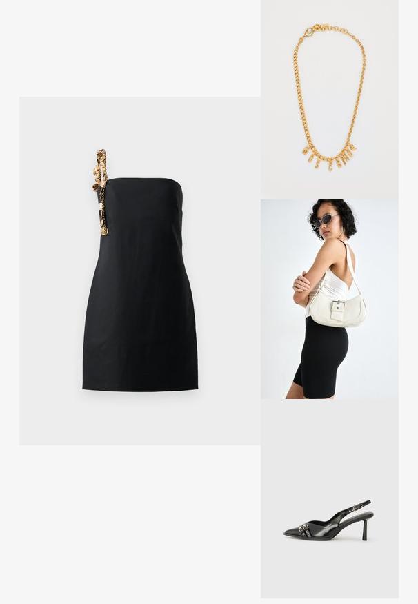 Čierne mini šaty s pevnou, rovnou siluetou a dekoratívnym zlatým reťazcom na jednom ramene. Hladká textúra látky.; Čierne lakované kožené slingback topánky s špicatou špičkou, remienkami okolo členku s striebornými prackami a hardvérom, a štíhlým podpätkom.; Biely kožený kabelka s zakriveným tvarom, nastaviteľným popruhom a malým detailom pracky. Model nosí priliehavý čierny outfit.; Zlatý náhrdelník s príveskom v tvare písmen, ktoré tvoria slovo "MOSCATO." Hladký povrch s karabínkovým zapínaním a článkami rôznych veľkostí.