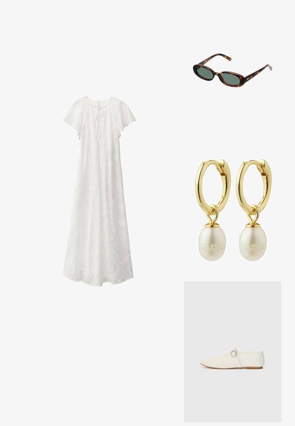 Vit maxiklänning med korta volangärmar, rund halsringning och knytdetalj fram. Har ett subtilt texturmönster över hela plagget.; Vit syntetisk platt sko med nätstruktur, spetsig tå och en sidrem med en rund detalj. Låg klack och flexibel sula.; Sköldpaddsmönstrade solglasögon med ovala bågar och gröna linser. Har tunna skalmar med en metallisk detalj vid gångjärnen.; Guldörhängen med en slät, polerad yta, med en vit pärla som hänger som ett hänge. Örhängena är cirkulära med en tjock, chunky design.