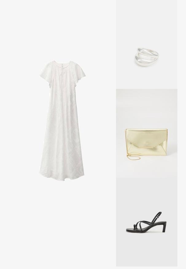 Valkoinen maksimekko, jossa on lyhyet liukaspäällyksiset hihat, pyöreä pääntie ja nauhat yksityiskohtana edessä. Mekossa on hienovarainen teksturoitu kuviointi kauttaaltaan.; Mustat hihnalligat, joissa on neliön muotoinen kärki ja matala lohkokorko. Ominaisuuksiin kuuluu useita ohuita hihnoja ja säädettävä nilkkahihna. Valmistettu sileästä nahasta.; Kulttuurinhohtoinen kultainen clutch-laukku, jossa on läppäsuljin, sileä pinta ja irrotettava ketjuolkaimi. Etupuolella on suorakulmainen kultainen korostus.; Hopeinen kaksinkertainen rengas, jossa on sileä, kiillotettu pinta. Siinä on sulava, kaareva muotoilu, jossa on päällekkäisiä osia modernin ilmeen saavuttamiseksi.