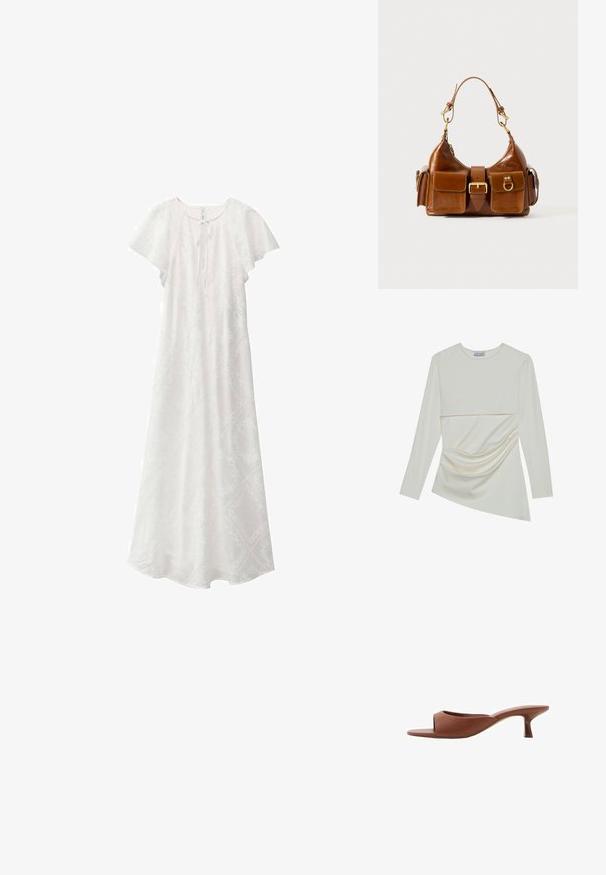 Biele maxi šaty s krátkymi rozšírenými rukávmi, okrúhlym výstrihom a detailom na viazanie v prednej časti. S jemným texturovaným vzorom po celej ploche.; Hladký krémový top s dlhým rukávom a okrúhlym výstrihom, ktorý má vrstvený dizajn a naberanú časť v dolnej časti. Mäkká látka s jemnou textúrou.; Hnedé sandále na vysokom opätku s otvorenou špičkou, s hladkým, matným povrchom, so zakriveným dizajnom a priehľadným, zužujúcim sa opätkom.; Hnedá kožená kabelka s zakriveným tvarom, dvojitým zlatým kovovým doplnkom, dvoma prednými vreckami a širokým popruhom. Hladká textúra s elegantným vzhľadom.