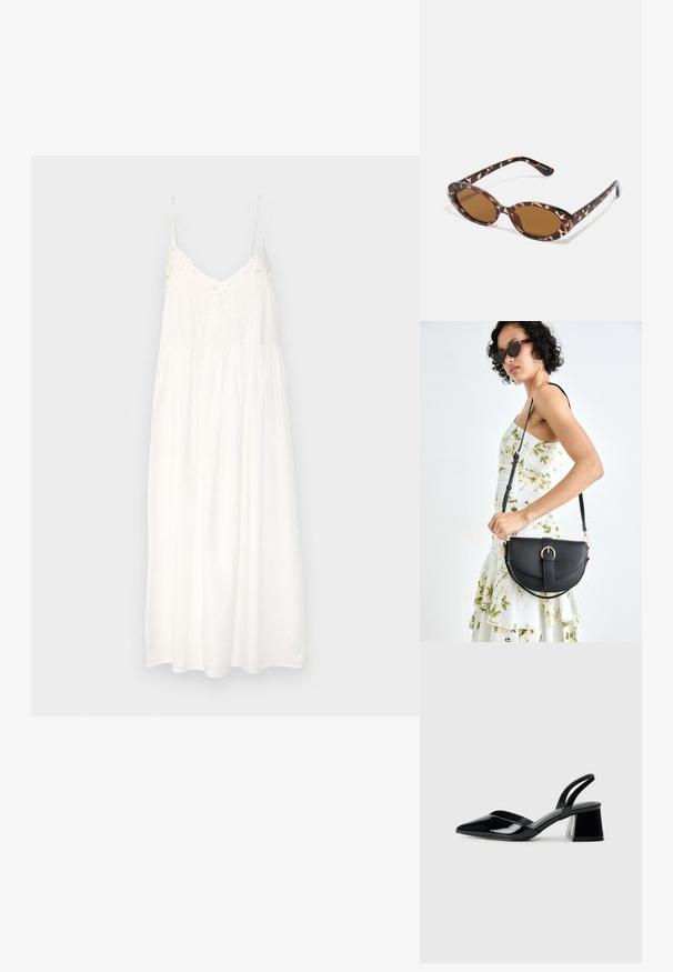 Bijela pamučna haljina na kratke rukave s tankim podesivim trakama, izvezenim detaljima na prednjem dijelu i raširenom suknjom.; Crne lakirane kožne sandale s otvorenom petom i špicastim vrhom, s geometrijskom blok petom. Imaju elegantan, minimalistički dizajn i glatku teksturu.; Naočale od kornjače s ovalnim lećama, smeškanim tonovima, tanke nogice s teksturiranim uzorkom, lagani plastični okvir.; Crna kožna torba s lukovitim oblikom, odvojivim remenom i zlatnim detaljima. Torba ima preklop s kopčom.; Prsten u zlatnoj nijansi s organskim, uvijenim dizajnom, glatkom teksturom i suženim krajevima, koji stvara moderan, skulpturalni izgled.