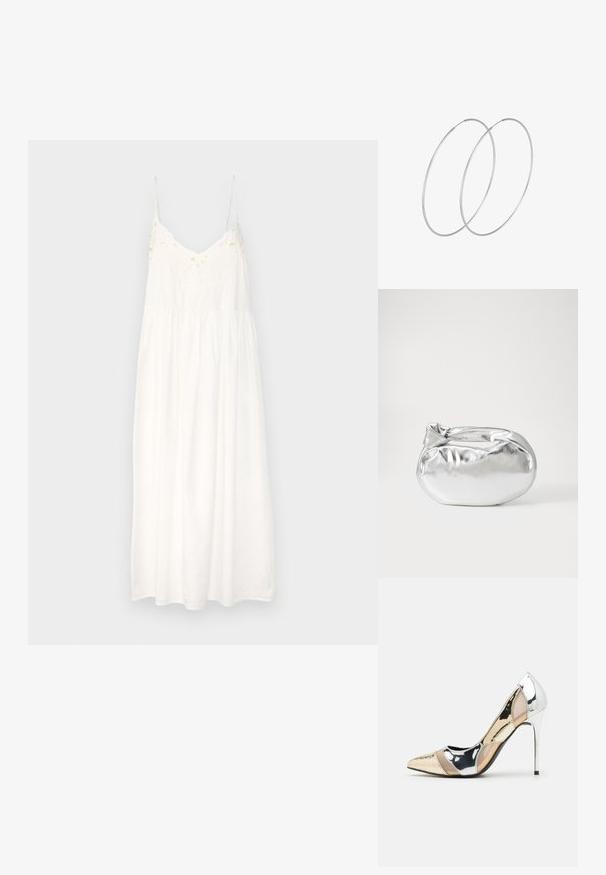 Bijela pamučna haljina na kratke rukave s tankim podesivim trakama, izvezenim detaljima na prednjem dijelu i raširenom suknjom.; Cipele s visokom potpeticom i špicastim vrhom u srebrnoj, zlatnoj i nude boji. Sjajan finiš s izrezbarenim dizajnom, s potpeticom u obliku stiletto.; Srebrna metalik torbica s mekim, zaobljenim oblikom i čvorastim zatvaranjem na vrhu. Izrađena od glatke sintetičke kože.; Srebrne okrugle naušnice s minimalističkim dizajnom. Kružni oblik, glatka tekstura i tanak profil. Lagane s poliranim završetkom.