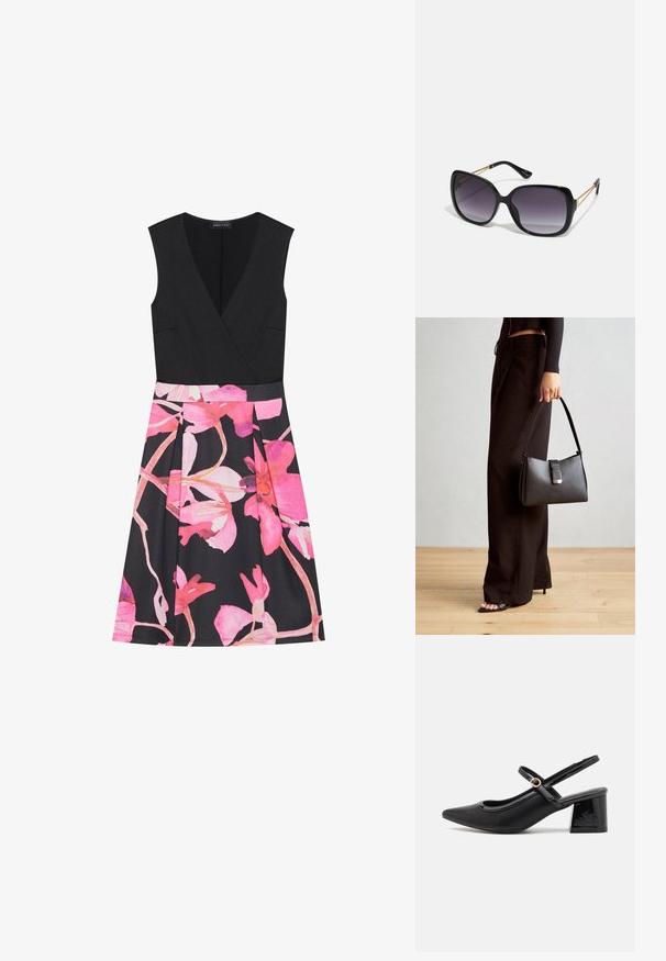 Čierne šaty bez rukávov s hlbokým výstrihom do V a sukňou s kvetinovým ružovým potlačou. Hladká tkanina, priliehavý korzet a plisovaná silueta do A.; Čierne lakované kožené lodičky so slingback dizajnom, špicatou špičkou, zaobleným výrezom a blokovým podpätkom. Obsahuje akcent zlatého tónu s prackou.; Čierne oversized slnečné okuliare s gradientovými sklíčkami, hrubými rámami a zlatým retiazkovým detailom na stranách.; Čierna kabelka so štruktúrovaným tvarom, hladkou textúrou a kovovou sponou. V kombinácii so širokými čiernymi nohavicami a sandálmi s otvorenou špičkou na drevenej podlahe.