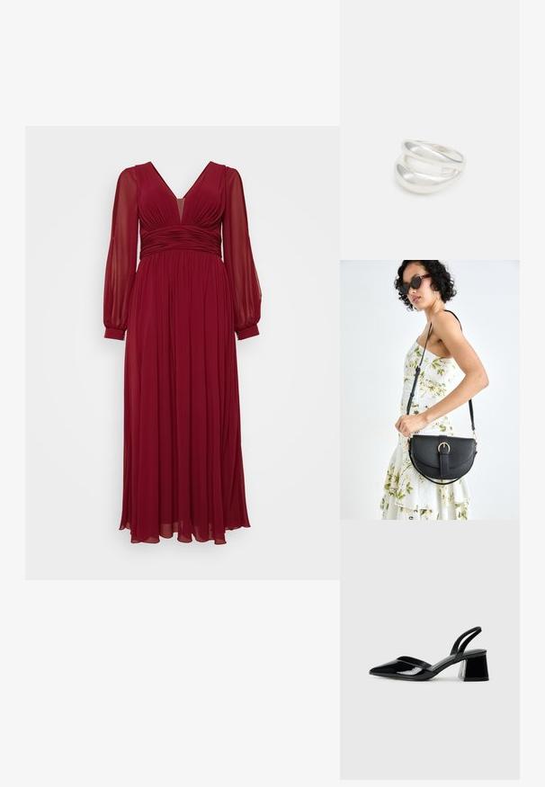 Bordowa długa sukienka z długimi przezroczystymi rękawami, dekoltem w kształcie litery V i plisowanym detalem w talii. Miękka, lekko spływająca tkanina tworzy gładką sylwetkę.; Czarne lakierowane półbuty na obcasie z wydłużonym noskiem i geometrycznym słupkiem. Charakteryzują się eleganckim, minimalistycznym designem oraz gładką fakturą.; Czarna skórzana torebka o zakrzywionym kształcie, z odpinanym paskiem i złotymi akcentami. Torebka posiada klapę z zapięciem w kształcie klamry.; Srebrna obrączka podwójna z gładką, polerowaną powierzchnią. Posiada płynny, zakrzywiony kształt z nakładającymi się sekcjami, co nadaje nowoczesny wygląd.