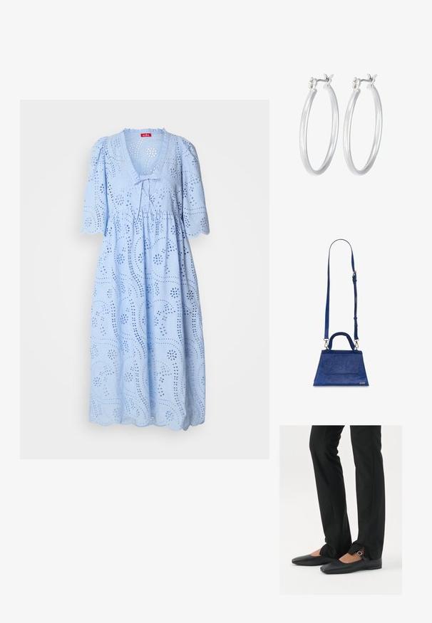 Vaaleansininen mekko, joka on väljää mallia, lyhyillä puffihihnoilla, V-pääntiellä, silmiä miellyttävällä kuvioinnilla ja aaltoilevalla helmalla, valmistettu tekstuurisesta puuvillakankaasta.; Musta nahkakengät balettityylillä, kärjessä terävä muoto, hihna hopeasoljella, yhdistetty mustiin räätälöityihin housuihin, joissa on halkiohelma.; Sininen teko-nahkainen käsilaukku, jossa on kolmiomainen muoto, yläkahva ja säädettävä olkahihna. Ominaisuuksia ovat sileä pinta ja etuläpän yksityiskohta.; Hope-silver rengas, joissa on sileä ja kiillotettu pinta. Pyöreä muoto ja turvallinen napsautettava lukitus. Kevyt muotoilu sopii päivittäiseen käyttöön.