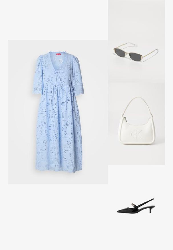 Lichtblauw dress met een losse pasvorm, korte pofmouwen, V-hals, perforatiepatroon en golvende zoom, gemaakt van een gestructureerde katoen stof.; Zwarte gepatineerde leren slingback hakken met puntige neus, dunne hak en decoratieve kettingaccent over de voorkantopening.; Gouden metalen zonnebril met een ovale vorm, donkergrijze lenzen en heldere tempels. Heeft decoratieve accenten op het frame.; Witte lederen handtas met een gebogen vorm, voorzien van een reliëf "CK" logo aan de voorkant en een enkele schouderriem. Ritsluiting aan de bovenkant.