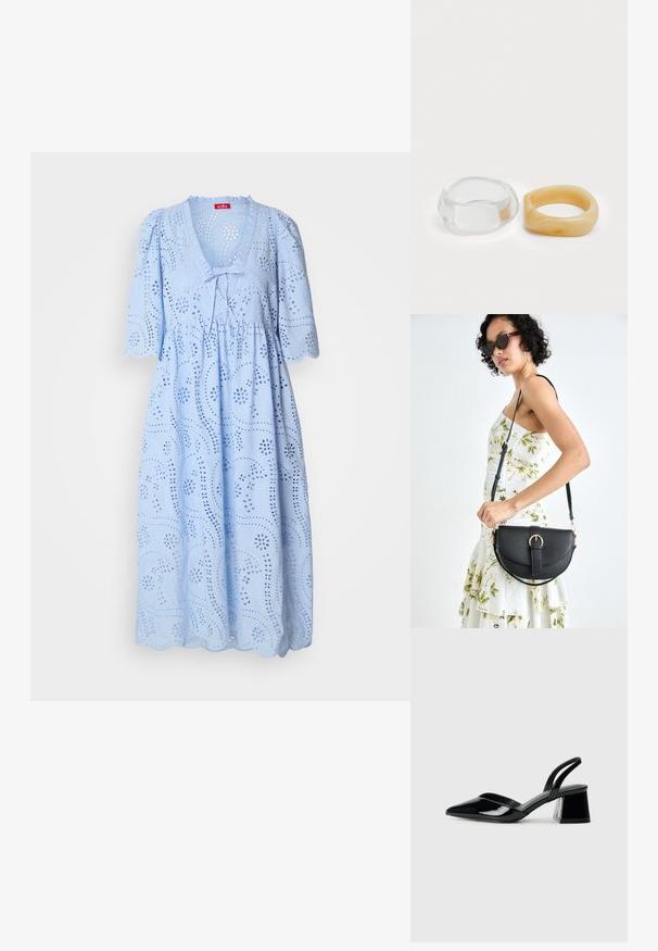 Vestido azul claro com um corte solto, mangas bufantes curtas, decote em V, padrão com ilhós e bainha arredondada, feito de tecido de algodão texturizado.; Sandy em verniz preto com salto slingback, ponta afilada e salto geométrico. Apresenta um design elegante e minimalista com textura suave.; Bolsa de couro preta com forma curva, alça destacável e detalhes em dourado. A bolsa possui uma aba com detalhe de fivela.; Anéis de resina clara e âmbar, um liso e transparente, o outro com um acabamento texturizado em âmbar. Ambos apresentam designs arredondados e robustos.