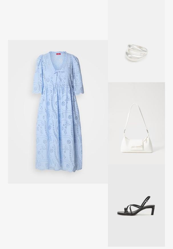 Svetlo modra obleka z ohlapnim krojem, kratkimi pufastimi rokavi, V-izrezom, očesnim vzorcem in valovitimi robovi, narejena iz teksturiranega bombažnega blaga.; Črne natikače s trakovi in kvadratnim prstom ter nizkim blokastim peto. Imajo več tankih trakov in nastavljiv trak okoli gležnja. Narejene so iz gladkega usnja.; Bela sintetična torbica v obliki trikotnika, z ravnim sprednjim poklopcem in detajlom mašne, nastavljivim trakom, gladko teksturo in minimalističnim dizajnom.; Srebrn dvojni prstan z gladko, polirano površino. Ima tekoč, ukrivljen dizajn z prekrivajočimi se sekcijami za sodoben videz.