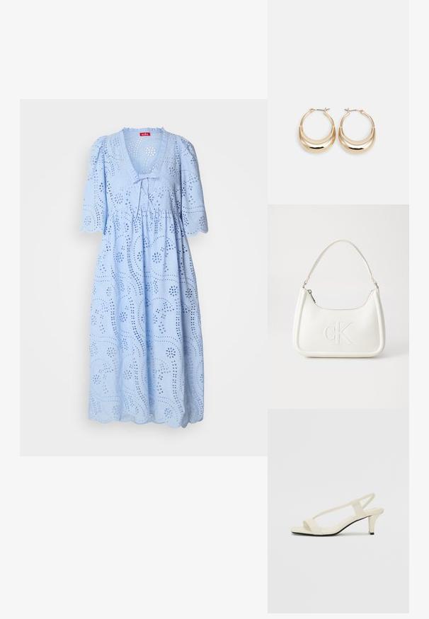 Rochie de culoare albastru deschis, cu o croială lejeră, mâneci scurte tip bufant, decolteu în V, model din perforații și tiv ondulat, realizată dintr-un material textil din bumbac texturat.; Sandale bej cu toc bloc, cu bretele subțiri și vârf pătrat. Material neted cu detalii minime, concepute pentru a fi ușor de purtat.; Geantă de umăr din piele albă cu formă curbată, având un logo "CK" embosat pe partea din față și un singur braț de umăr. Închidere cu fermoar în partea de sus.; Cercei tip hoop cu tonuri de aur, în formă de semilună, cu suprafață lustruită și închidere cu balama. Textură netedă și finisaj reflectant care îmbunătățesc vizibilitatea.
