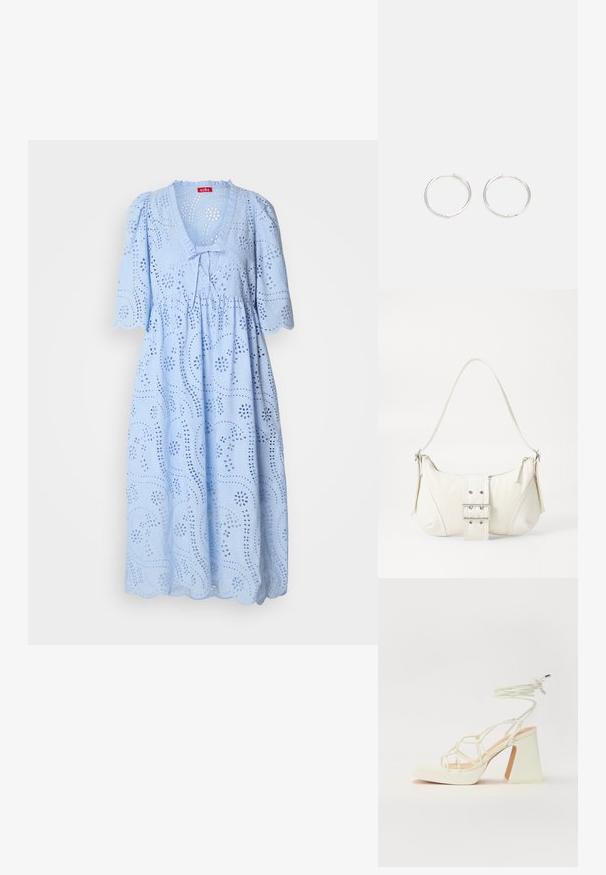 Világoskék, laza fitneszű ruha, rövid puffos ujjal, V-kivágással, lyukacsos mintával és hullámos szegéllyel, texturált pamut anyagból készült.; Fehér, magassarkú szandál vastag sarokkal, pántos dizájnnal és bokapánttal. Sima textúra, elülső platformmal a megnövelt magasság érdekében.; Fehér válltáska texturált felülettel, középen csattogó részlettel és íves formával. Cipzáras záródás mindkét oldalon.; Ezüst karika fülbevalók, letisztult, kerek formával, sima felülettel és látható díszítés nélkül. A átmérő nem megadott.