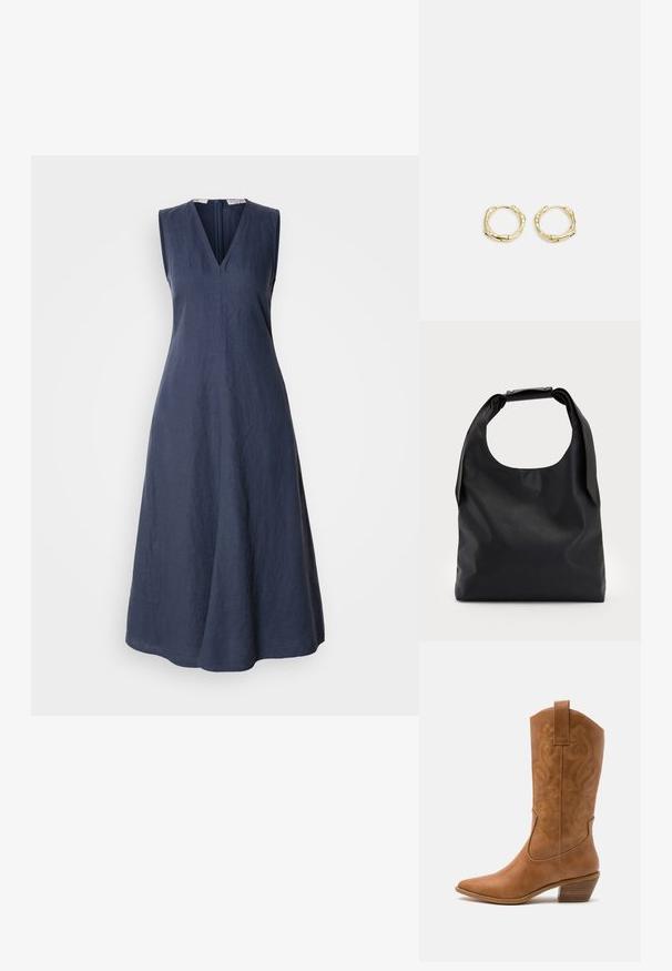 Modra brezrokavna obleka iz lana z V-izrezom in zadrgo na hrbtni strani. Oblikovanje s sproščenim krojem vsebuje minimalno teksturo in čiste črte.; Rjavi usnjeni kauboj čevlji s koničastim nosom, vezenimi vijugastimi vzorci na zgornjem delu in zloženim kvadratnim peto. Imajo zanko za enostavno obuvanje.; Črna usnjena torbica z veliko odprto zgornjo stranjo in enim ramenskim trakom. Mehka tekstura, minimalističen dizajn, vsebuje subtilne kovinske poudarke.; Zlate obročaste uhane z teksturirano, nepravilno obliko. Imajo brezšivno zapiranje in poliširano površinsko obdelavo, kar poudarja sodoben dizajn.