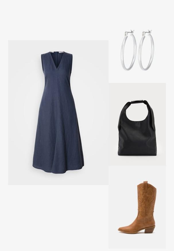 Jūras spēku krāsā bez piedurknēm veidota kleita no linas, ar V veida dekoltē un rāvējslēdzēju aizmugurē. Plūstoša siluets ar minimālu tekstūru un tīrām līnijām.; Brūni ādas kovboju zābaks ar norādītu purngalu, izšūtām viļņveida apakšējo detaļu un sakrautajiem blokiem. Iezīmēts ar velkšanas cilpu ērtai uzvilkšanai.; Melnas ādas rokassoma ar plašu atvērtu augšu un vienu plecu siksnu. Mīksta tekstūra, minimāls dizains, ar smalkiem metāla aksesuāriem.; Sudraba riņķveida auss gredzeni ar gludu, pulētu apdari. Apaļa forma un drošs klikšķa augšējais slēgums. Viegls dizains, kas piemērots ikdienas valkāšanai.