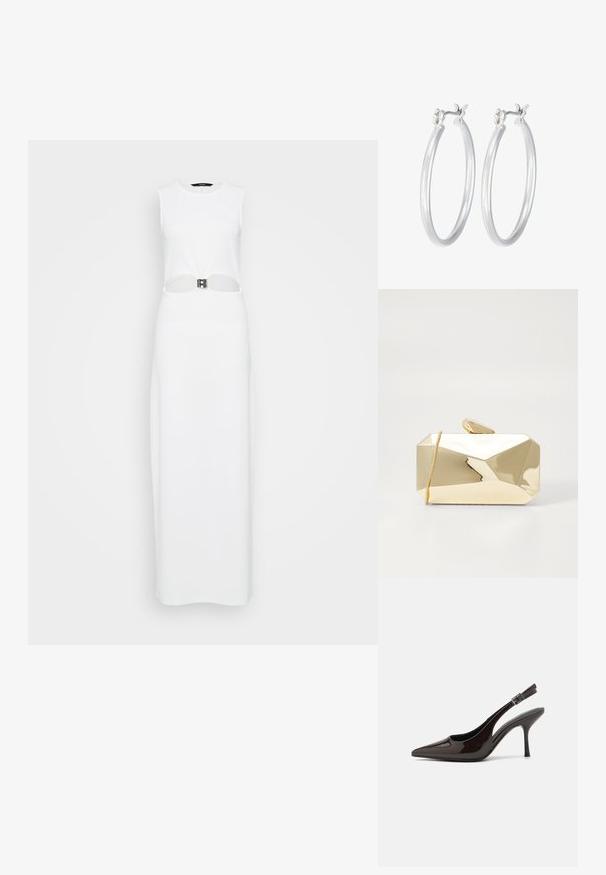 Balta bezpiedurkņu maksi kleita ar centrālu izgriezumu, rotātu ar metāla jostas detalizāciju. Gluda tekstūra, taisna silueta.; Slingback augstpapēžu kurpe ar spīdīgu tumši brūnu lakotu ādu, ar norādītu purngalu, atvērtām pusēm un regulējamu potītes siksniņu.; Zelta metaliska pludmale ar ģeometrisku dizainu, gludu tekstūru, ar rāvējslēdzēja aizdari un sprādzi augšpusē. Somai ir taisnstūra forma ar leņķveida malām.; Sudraba riņķveida auss gredzeni ar gludu, pulētu apdari. Apaļa forma un drošs klikšķa augšējais slēgums. Viegls dizains, kas piemērots ikdienas valkāšanai.