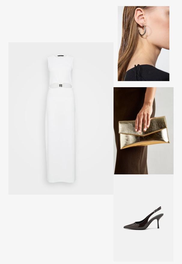 Vestido maxi sem mangas branco com um recorte central adornado com um detalhe de cinto metálico. Textura suave, silhueta reta.; Sapato de salto alto tipo slingback em verniz castanho escuro brilhante, com bico apontado, laterais abertas e tira ajustável ao tornozelo.; Bolsa de mão metálica dourada com uma textura suave, apresentando um fecho em aba triangular. A mão que a segura tem unhas bem cuidadas.; Brinco de argola prateada com acabamento polido, apresentando pequenos detalhes em dourado e uma forma redonda, usado na orelha.