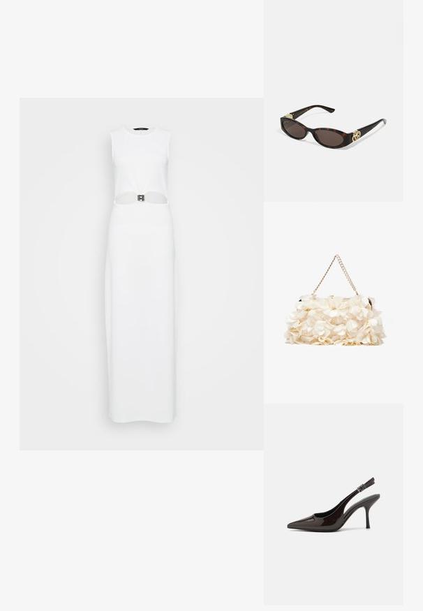 Rochie maxi albă fără mâneci, cu o decupare centrală decorată cu un detaliu din curea metalică. Textură netedă, siluetă dreaptă.; Pantof cu toc înalt Slingback din piele sintetică lucioasă de culoare maro închis, vârf ascuțit, laterale deschise și curea ajustabilă la glezne.; Ochelari de soare din țiglă cu lentile ovale alungite, nuanță maro, accente cu logo auriu pe brațele laterale și brațe negre elegante.; Geantă albă cu flori, cu o suprafață din material adunat, bretea din lanț cu aspect auriu și închidere metalică. Prezintă petale texturate pentru un plus de detaliu.