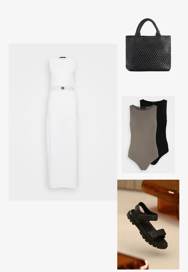 Valge ilma varrukateta maksikleit, millel on keskel lõikeauk ja metallist vöödetail. Sile tekstuur, sirge siluett.; Kaks ilma varrukat kehaülikonda oliivirohelises ja mustas värvitoonis. Valmistatud siledast kangast, ringja kaelusega ja kõrge lõikega jalgade disainiga.; Musthave nahkased sandaalid kahe reguleeritava rihmaga, tekstuurse tallaga ja julge, massiivse disainiga. Rihmal on logo aktsent.; Must Mustaga, millel on kaks käepidet, millel on tekstureeritud pind ja ristküliku kuju. Lihtne, ainulaadne disain, ilma nähtava riistvarata.