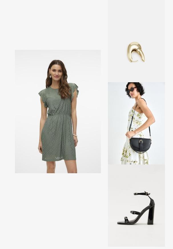 Zielona bawełniana sukienka z wyciętym wzorem, dopasowanym w pasie i falbaniastymi rękawami. Krótką długość, lekką tkaninę, odpowiednią na ciepłe dni.; Czarne lakierowane sandały na obcasie z kwadratowym noskiem, z paskami wokół kostki i srebrnymi klamrami. Posiadają masywny słupek dla stabilności.; Czarna skórzana torebka o zakrzywionym kształcie, z odpinanym paskiem i złotymi akcentami. Torebka posiada klapę z zapięciem w kształcie klamry.; Złote metalowe kolczyki o eleganckim, zakrzywionym kształcie. Posiadają charakterystyczny szpiczasty kształt, polerowaną powierzchnię oraz zapięcie na zawias.