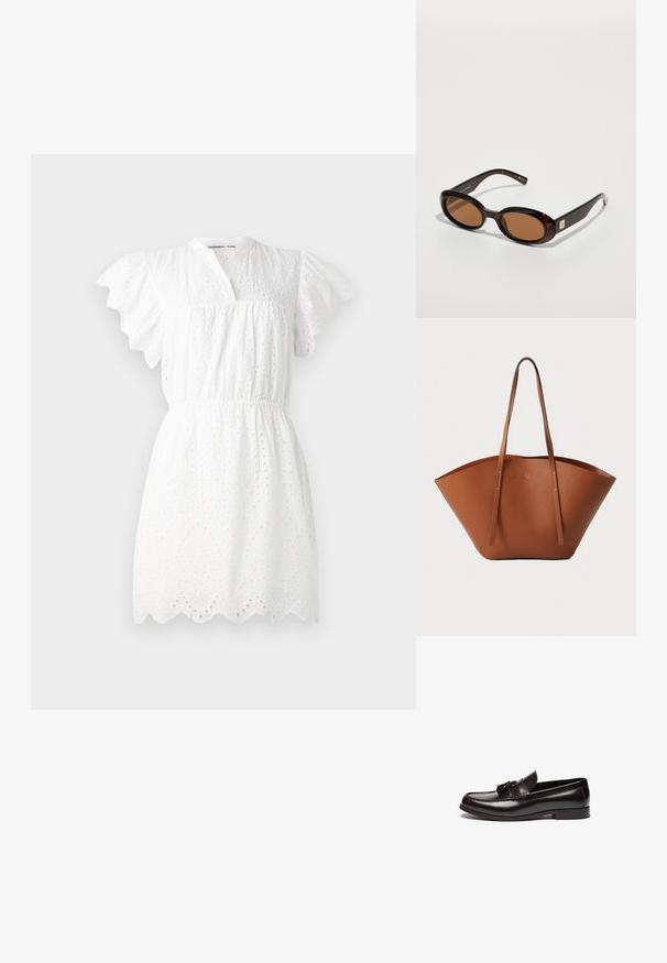 Bílé šaty vyrobené z tkaniny broderie anglaise, s balónovými rukávy, výstřihem do V, elastickým pasem a vlnitým lemem.; Hnědé kožené mokasíny s hladkým povrchem, které mají vyšívaný design a ozdobné třásně vpředu. Plná podrážka a kulatá špička.; Hnědé želvovinové sluneční brýle s oválnými čočkami, tenkým rámem a malým kovovým akcentem na boku. Texturovaný a lesklý povrch.; Hnědá kožená taška přes rameno s širokým, strukturovaným tvarem, tenkými ušima a texturovaným povrchem. Disponuje minimalistickým designem bez viditelného kovového hardwaru.
