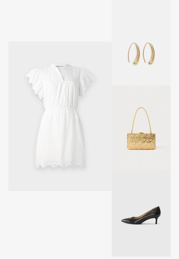 Vestido branco feito de tecido de broderie anglaise, com mangas bufantes, decote em v, cintura elástica e bainha scalloped.; Sapato de salto alto em pele preta com bico fino, salto baixo e textura suave. Apresenta uma ligeira abertura na parte da frente e mínima ferragem na parte de trás.; Clutch dourada em lantejoulas com formato retangular, apresentando uma alça de corrente torcida e um fecho de metal, refletindo a luz com um acabamento texturizado.; Brincos em metal dourado com forma de arco alongado e curvado. Apresentam uma superfície lisa e brilhante, com uma ponta arredondada para um detalhe adicional.