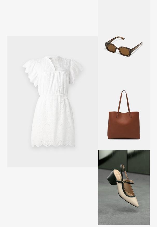 Baltas suknelė, pagaminta iš broderie anglaise audinio, su pūstuose rankovėmis, V formos iškirpte, elastinga juosmens linija ir banguotu apvadu.; Šviesiai rudos suknelės bateliai su juodu apvadu, auksine sagtimi ir masyviu blokiniu kulnu, stovintys ant pilkos grindų su tamsiai žalia fonu.; Kare klasikinės saulės akinių rėmeliai su apvalia, didesne forma ir rudais objektyvais. Yra subtilių raštų ir tiesių, siaurėjančių šonų.; Ruda odinė priekabų krepšys su glotnia tekstūra, atviru viršumi ir dviem petnešomis. Su minimalia siuvimo detalėmis ir nematoma aparatūra.