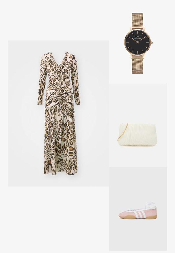 Leopardimustriga pikkade varrukatega kleit V-kaelusega, kokku tõmmatud detailidega ja voolava seeliku osaga. Valmistatud siledast kangast, millel on pehme tekstuur.; adidas Originals TAEKWONDO MEI BALLET - Tossud - clear pink/ftwr white/gum; Valge tekstuuriga käekotike, millel on volditud disain ja kuldne ahel. Sile viimistlus peente lainetega ja ümarate servadega.; Daniel Wellingtoni kuldne võrgust käekell, millel on ümmargune must kellaplaat, kuldsed tunnimärgid ja logo kell 12. Lihtne, elegantne disain.