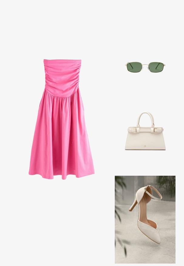 Pink strapless kjole med samlet stof ved korset og et fuldt, flydende skørt. Lavet af let bomuldsstof.; Hvid højhælet sko i glat materiale med spids tå og ankelrem. Har et lyst tan interiør og hardware i guldtonet accent.; Solbriller med en guldfarvet metalramme, grønne linser, rektangulær form og klare plastnæsepuder. Tynde, slanke stel med minimalt design.; Struktureret taske i cremefarvet faux læder med guldfarvet hardware. Har dobbelte topremme og en spændeaccent på fronten.; Guldtonede metalknopper med en hamret overflade, der har et åbent design og glatte kanter. To størrelser vist: en bredere og en slankere.