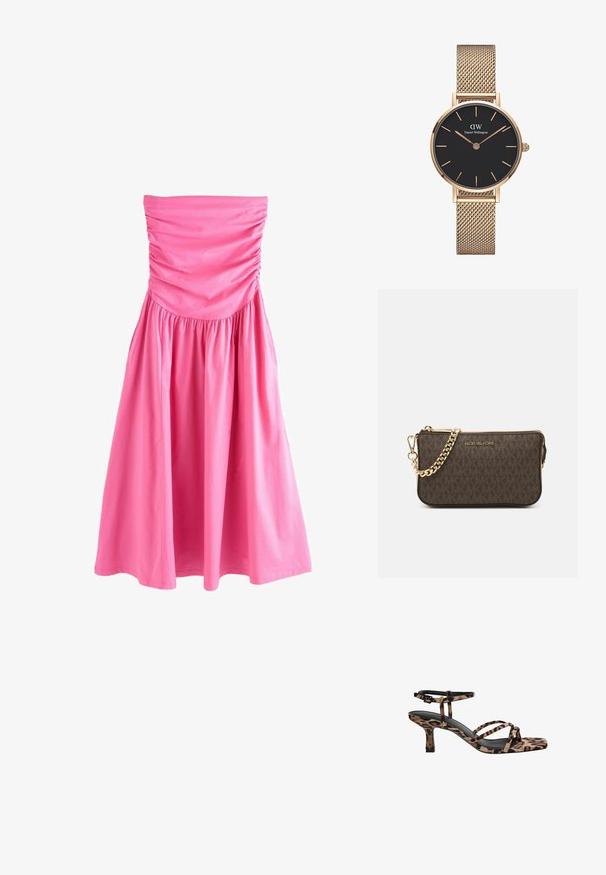 Robe rose bustier avec un tissu plissé au niveau du corsage et une jupe ample et fluide. Confectionnée en coton léger.; Sandales à talons imprimées léopard avec un bout carré, plusieurs brides et un talon de hauteur intermédiaire. Fabriquées en matériau textile doux.; Sac en cuir brun à bandoulière avec motif logo, bandoulière en chaîne dorée, fermeture éclair et accents de quincaillerie dorée. Forme compacte et rectangulaire.; Montre à bracelet en mailles dorées de Daniel Wellington avec un cadran rond noir, des index d'heure dorés et un logo à 12 heures. Design simple et élégant.