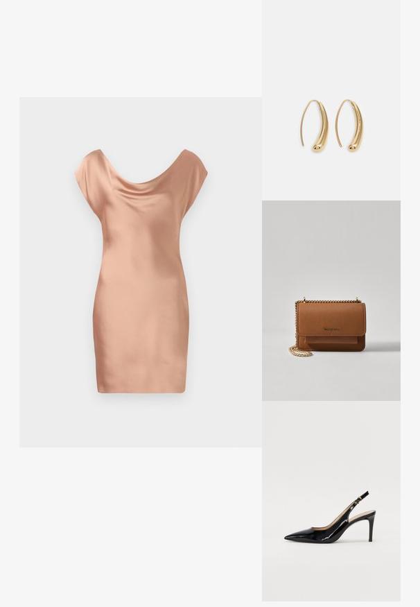 Zīda mini kleita maigi persiku krāsā, ar drapētu purngalu un kapučiem. Gluda tekstūra ar pieguļošu siluetu.; Melnas lakotās ādas slingback kurpes ar izteiktu degunu, šauru papēdi un smalku izgriezumu dizainu. Siksniņai ir zelta sprādze.; Brūna teksturēta ādas plecu soma ar zelta ķēdes siksnu un atloka aizdari. Priekšpusē ir logotipa detaļa un kabata zem atloka.; Zelta toņu metāla gredzena auskari ar izliektu, pagarinātu formu. Ar gludu, spīdīgu virsma un noapaļotu galu papildu detaļām.