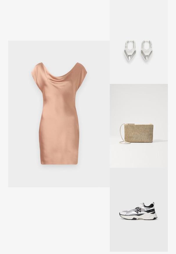 Szatén mini ruha puha barack színben, drapírozott kerek nyakkivágással és kisujjakkal. Sima textúra, formázott sziluett.; Ezüst és fehér sportcipő hálós és szintetikus anyagból, párnázott nyakkal, fekete részletekkel és vastag talppal. Fekete logó részlet az oldalon.; Loeffler Randall YASMINE FLAT CLUTCH - Keresztpántos táska - gold; Ezüst szív alakú lakatok, amelyeken vésett "IGEN" és "NEM" feliratok találhatók, polírozott felület, szimmetrikus kialakítás és robusztus fémcsat.