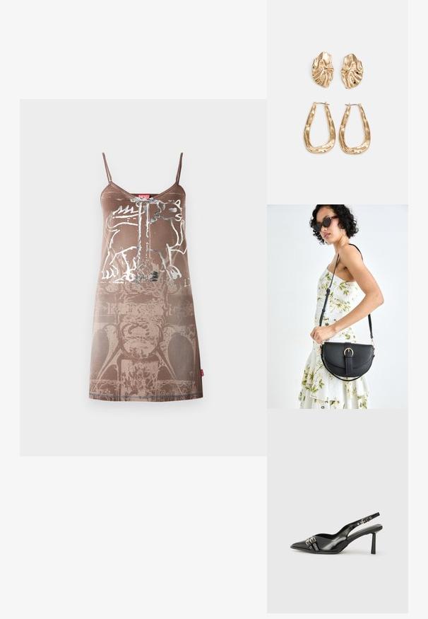 Ruskea hihaton mekko, jossa on karhukuosisuunnittelu. Pehmeä kangas, jossa on sileä koostumus, näyttäen kerroksellisia kuvioita ja brändilipun.; Musta patenttinen nahkainen slingback-kengät, joissa on terävä nenä, nilkkahihnat hopeisilla soljilla ja varusteilla sekä hoikka korko.; Musta nahkainen käsilaukku, joka on kaareva muotoilultaan, irrotettavalla hihnalla ja kultaisilla yksityiskohdilla. Laukussa on läppä, jossa on solk yksityiskohta.; Korukultainen korvakorut, joissa on teksturoituja, aaltoilevia muotoja. Mukana on veistokselliset klipsikorvakorut ja avoin rengasmalli, jossa on vasaroitu pinta.