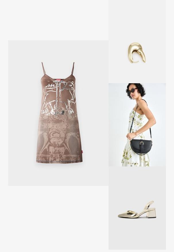 Robe sans manches marron avec un design graphique représentant un ours. Tissu doux avec une texture lisse, présentant des motifs superposés et une étiquette de marque.; Talons aiguilles dorés métalliques avec un bout pointu et un talon épais. Texture lisse, design minimaliste et une fine bride.; Sac à main en cuir noir avec une forme courbée, bandoulière amovible et des accessoires en or. Le sac est doté d'un rabat avec un détail de boucle.; Boucle d'oreille en métal doré avec un design élégant et courbé. Présente une forme conique distinctive, une surface polie et une fermeture à charnière.