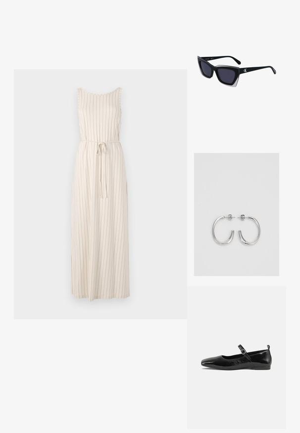 Garš beigž krāsas kleita ar vertikālām melnām svītrām, bez piedurknēm, ar apaļu kakla izgriezumu un sakāmo jostu jostasvietā. Viegls audums.; Melna patentēta ādas dzīvokļu kurpe ar smailu purngalu, potītes siksniņu ar sprādzi un gludu, spīdīgu tekstūru. Zems papēdis komfortam.; Melni pārmēru saulesbrilles ar ģeometrisku formu, kas aprīkotas ar tumšiem stikliem un kontrastējošu pelēku akcentu uz rāmja. Logo uz kājas.; Sudraba riņķveida auskari ar gludu, spīdīgu apdari. Apaļas formas, viegla dizaina, ar aizdari uz stieples.