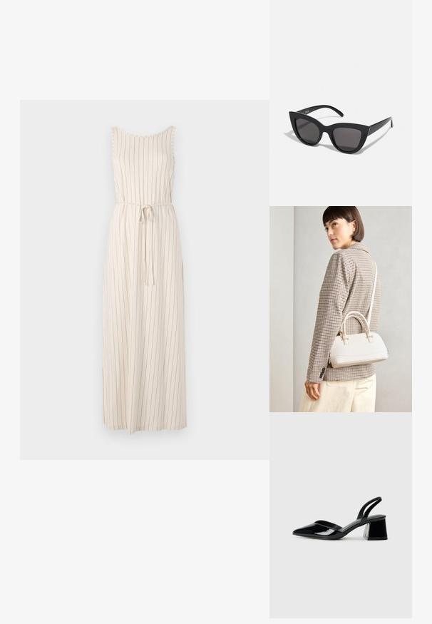 Ilgas bežinis suknelė su vertikaliomis juodomis juostelėmis, be rankovių dizainas, iškirptė suapvalinta, ir kaklaraištis diržas talijoje. Lengvas audinys.; Juodos lakuotos odinės šlepetės su smailiu pirštu ir geometriniu bloko kulnu. Turi elegantišką, minimalistinį dizainą ir lygų paviršių.; Juodos katės akies akinių nuo saulės su matinio paviršiaus danga, turinčiais pilkai tonuotus lęšius, aštriomis linijomis ir elegantiškomis šoninėmis kojelėmis. Prekės ženklas matomas vidinėje kojelėje.; Balta struktūruota rankinė su trumpomis rankenomis ir peties diržu, su auksinėmis detalėmis ir tekstūruota medžiaga, pastatyta prieš pilką foną.