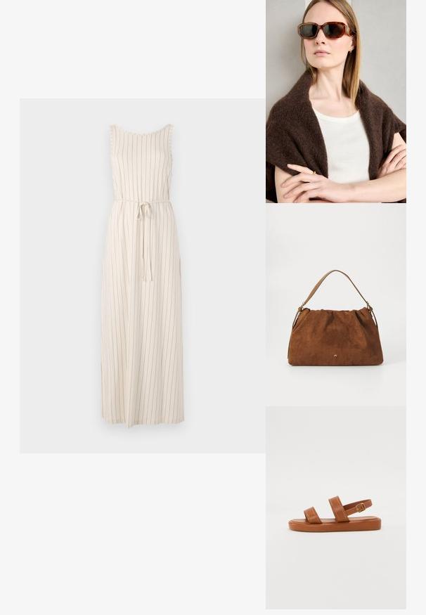 Dolga bež obleka z navpičnimi črnimi črtami, brez rokavov, z okruglim izrezom in zavezanim pasom v pasu. Lahkoten material.; Rjave usnjene sandale z dvema širokima naramnicama in hrbtnim trakom, ki imajo ravno podplat z diskretnimi šivi in kovinsko zaponko kot dodatkom.; Rjave žirafaste sončne očala z angularnimi okvirji, temnimi lečami in kovinskimi detajli. Nosi se jih z kremasto majico in temnim šalom.; Rjava nubukova torbica z nabranim dizajnom, ki ima en sam tanek usnjen ročaj in subtilno zlate podrobnosti s logotipom na sprednji strani.