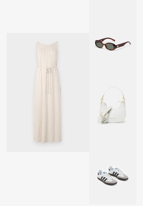 Long beige dress with vertical black stripes, sleeveless design, scoop neck, and a tie belt at the waist. Lightweight fabric.; Sport shoes with a white leather upper, gray suede toe, and three black stripes. Features a blue logo on the tongue and a textured rubber sole.; Tortoise-shell sunglasses with dark lenses, oval shape, and wide arms. Features a small gold accent on the side. Smooth plastic material.; White handbag with a curved silhouette, textured leather, gold hardware, and a detachable strap featuring a logo and buckle detail.