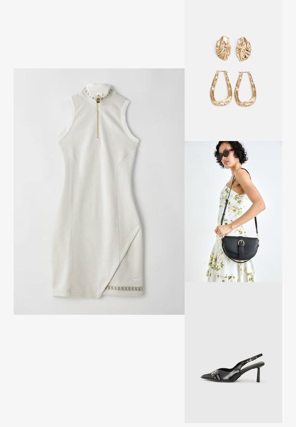 Belečio be rankovių balta suknelė su aukštu apykakle, turinti auksinį užtrauktuką ir tekstūrines šonines detales. Įtrauktas supintas apatinis kraštas ir logotipas.; Juodas lakuotas odinis batelis su smailiu pirštu, kulkšnies dirželiais su sidabrinėmis sagtimis ir detalėmis, bei plonu kulnu.; Juodas odinis krepšys su išlenkta forma, nuimamu dirželiu ir auksiniais detalėmis. Krepšys turi kilpą su sagtimi.; Auksinės auskarai, turintys tekstūruotus, bangų formos elementus. Įeina skulptūriniai segami auskarai ir atviri lankai su išmuštu paviršiumi.