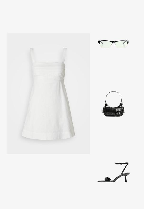 Biała sukienka z lnu z cienkimi ramiączkami, dopasowanym koronką i rozkloszowanym dołem. Posiada poziome fałdy na koronkach dla nadania tekstury.; Bershka - Sandały na obcasie; Czarne prostokątne okulary z przezroczystymi soczewkami, posiadające eleganckie czarne oprawki i szare transparentne końcówki zauszników. Minimalistyczny design, bez widocznego logo.; Czarna torebka z lakierowanej skóry o zaokrąglonym kształcie, z jednym paskiem na ramię, przednimi kieszeniami i akcentami w kolorze srebrnym.