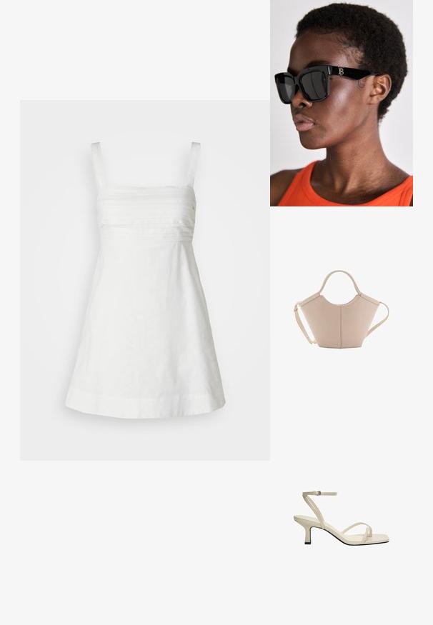 Bijela lanena haljina sa tankim naramenicama, prilagođenim tijelom i raširenom suknjom. Ima horizontalne nabore na tijelu koji dodaju teksturu.; Bež sandale na vezivanje s kvadratnim nožnim prstom, tankim remenom oko gležnja i kvadratnom petom visokom 5 cm. Glatki kožni materijal s kontrastnom crnom potplatom.; Crne sunčane naočale četvrtastog oblika s tamnim lećama, debelim okvirom i zlatnim logotipom na dršci. Nositelj je osoba u narančastoj majici.; Bež kožna torba jedinstvenog oblika, s dva kratka ručka i dugom podesivom trakom. Glatka tekstura s minimalnim metalnim dodacima.