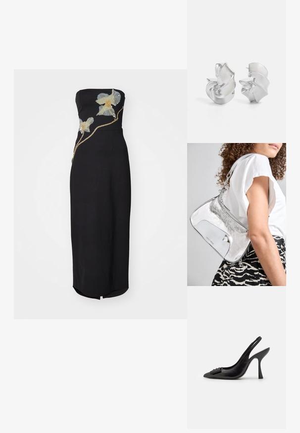 STAUD BROOKE DRESS - Jerseykjole - botanical shadows; Sorte lædersandal med spids tå, slank høj hæl og dekorativ sløjfeaccent. Glat tekstur og strømlinet design.; Sølv metal skuldertaske med en glat overflade, buet design, kædestrop og en poleret frontpanel med en subtil logoindgravering.; Sølvøreringe med et strømende, spiralmønster. Glat tekstur med en poleret overflade. Har en subtil glans og ingen synlige udsmykninger.