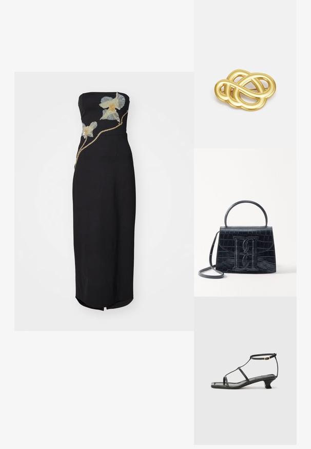STAUD BROOKE DRESS - Robe en jersey - botanical shadows; Sandale en cuir noir avec un bout carré, des fines lanières, une bride de cheville ajustable et un petit talon. Présente un petit accent doré sur la lanière.; Sac à main en cuir noir embossé en crocodile avec un design structuré, une poignée supérieure, une bandoulière ajustable et un détail de logo en avant bien visible.; Broche doré présentant un design noué avec des lignes lisses et courbées, et une forme complexe, reflétant une finition polie.