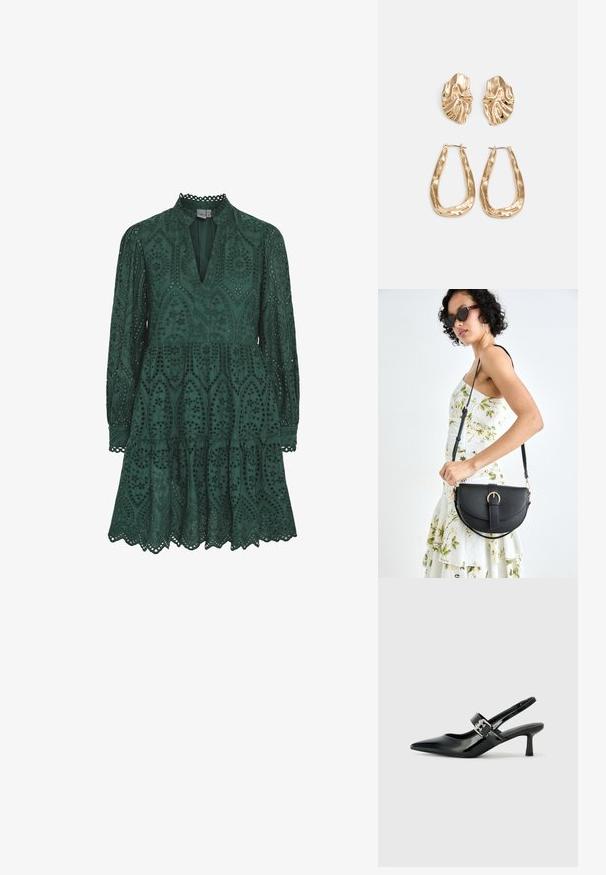 Zöld csipkés ruha V-nyakkal, hosszú ujjal és rakott szoknyával. Bonyolult kivágásokkal és ívelt élekkel díszítve az alsó szegélynél.; Fekete lakkbőr slingback sarkú cipők hegyes orral és kis blokk talppal, ezüst csat díszítéssel a pánton.; Fekete bőrtáska ívelt formával, levehető pánttal és arany színű fémrészekkel. A táskán egy csattal díszített fedél található.; Aranyszínű fülbevalók, texturált, hullámos formákkal. Tartalmazza a szobrászati klipszes studokat és az open hoop kialakítást, kalapácsos felülettel.