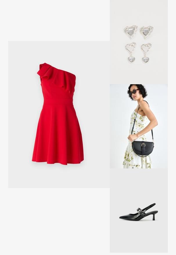 WAL G PETITE MAXINE RUFFLE SKATER - Haljina od žerseja - red; Crne lakirane slingback potpetice s oštrim prstom i malom blok petom, s naglaskom na srebrnoj kopči na remenu.; Crna kožna torba s lukovitim oblikom, odvojivim remenom i zlatnim detaljima. Torba ima preklop s kopčom.; Srebrne naušnice u obliku srca imaju fasetirane prozirne kamenčiće, s teksturiranim okvirom. Set uključuje naušnice na dugme i viseće stilove.